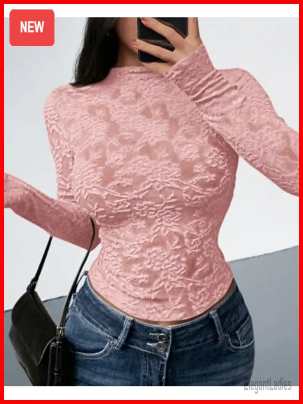 Mesh Long Sleeve Top Sheer See Through Crew Neck Lace Floral